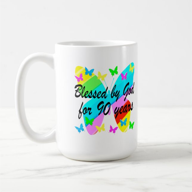 BLESSED BY GOD FOR 90 YEARS COFFEE MUG (Left)