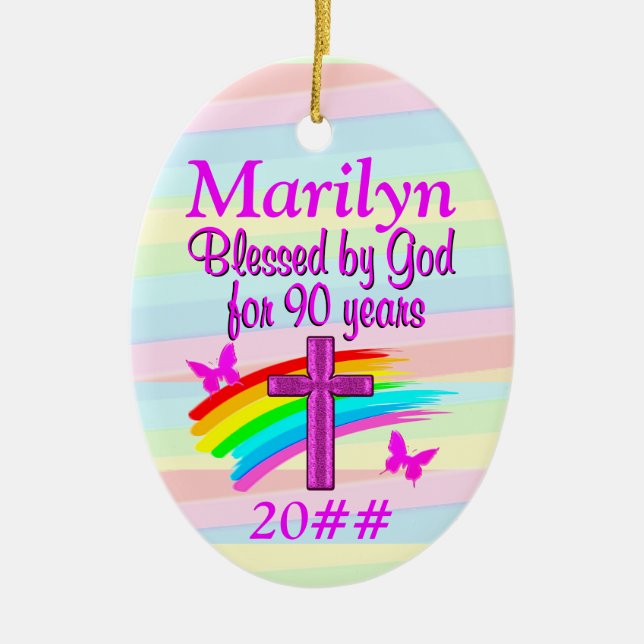 BLESSED BY GOD FOR 90 YEARS PERSONALIZED ORNAMENT (Front)