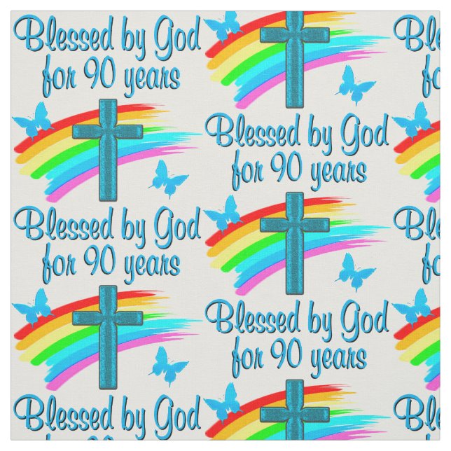 BLESSED BY GOD FOR 90 YEARS RAINBOW AND CROSS FABRIC (Swatch)