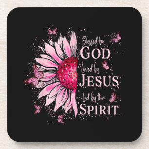 Blessed By God - Loved By Jesus Pink Sunflower Beverage Coaster