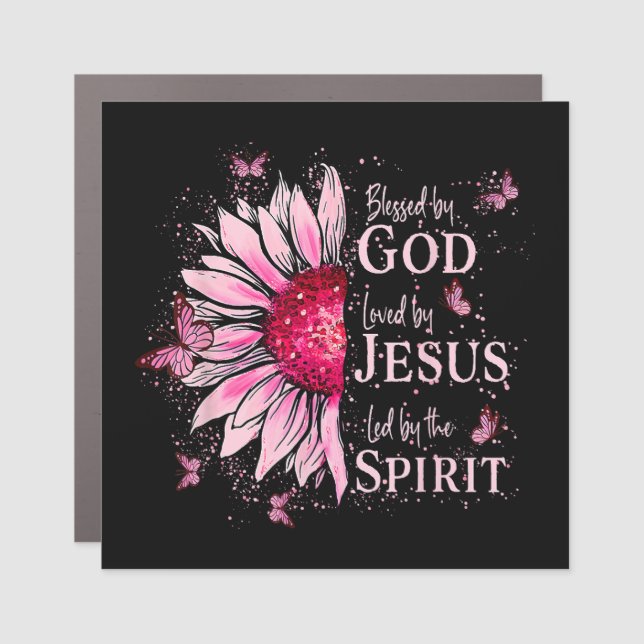 Blessed By God - Loved By Jesus Pink Sunflower Car Magnet (Front)