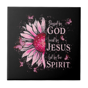 Blessed By God - Loved By Jesus Pink Sunflower Ceramic Tile