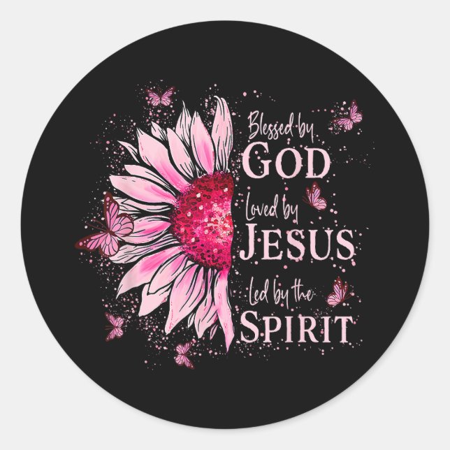 Blessed By God - Loved By Jesus Pink Sunflower Classic Round Sticker (Front)