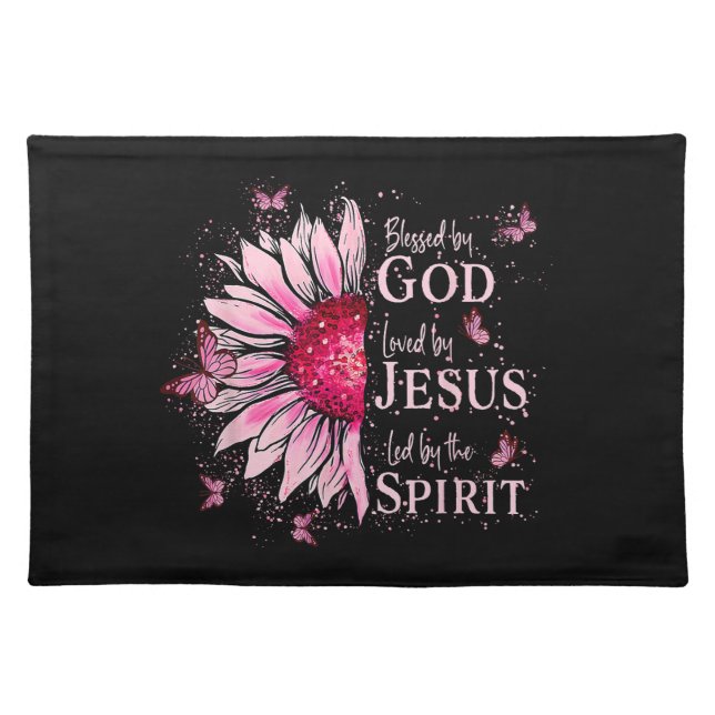 Blessed By God - Loved By Jesus Pink Sunflower Cloth Placemat (Front)