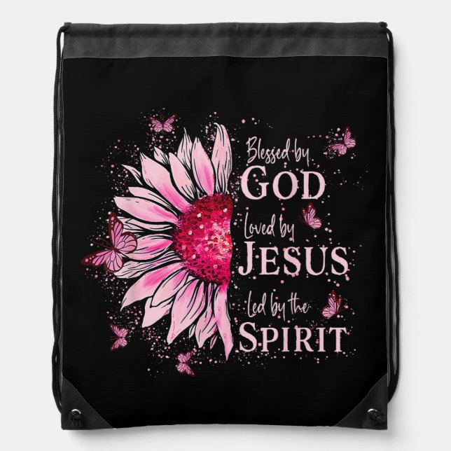 Blessed By God - Loved By Jesus Pink Sunflower Drawstring Bag (Front)
