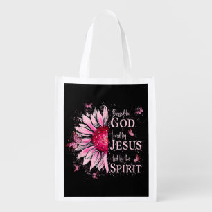 Blessed By God - Loved By Jesus Pink Sunflower Grocery Bag