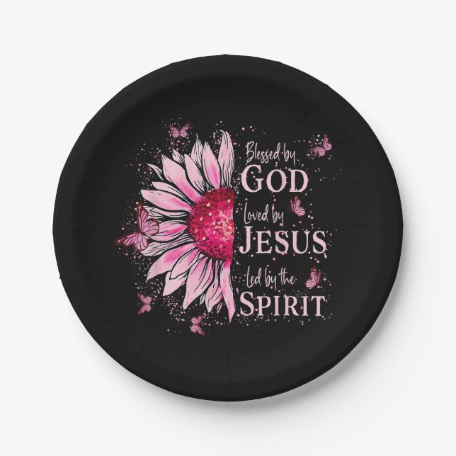 Blessed By God - Loved By Jesus Pink Sunflower Paper Plates (Front)