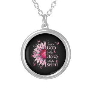 Blessed By God - Loved By Jesus Pink Sunflower Silver Plated Necklace
