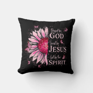Blessed By God - Loved By Jesus Pink Sunflower Throw Pillow