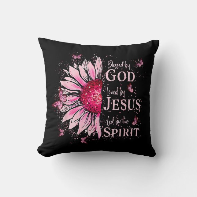 Blessed By God - Loved By Jesus Pink Sunflower Throw Pillow (Front)