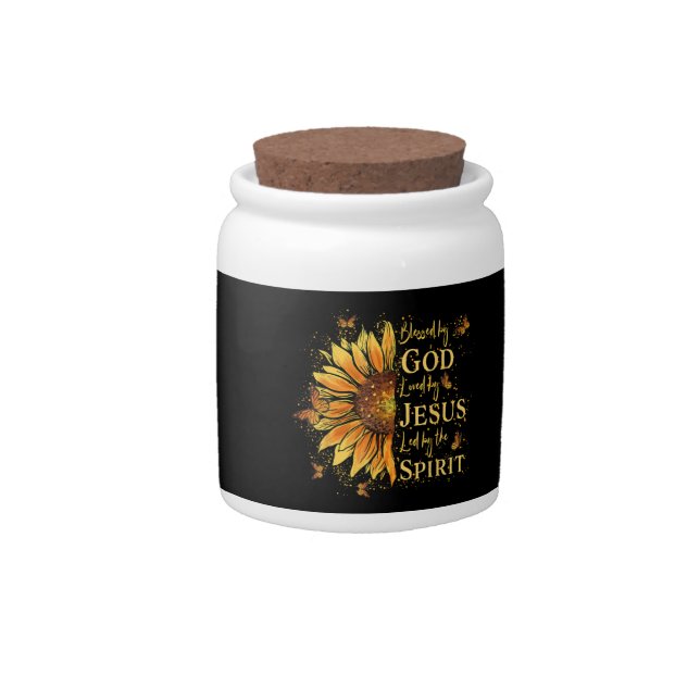 Blessed By God - Loved By Jesus, Sunflower Candy Jar (Front)