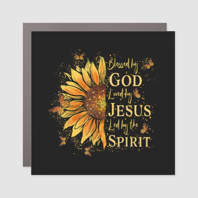 Blessed By God - Loved By Jesus, Sunflower Car Magnet (Front)