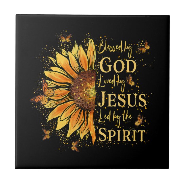 Blessed By God - Loved By Jesus, Sunflower Ceramic Tile (Front)
