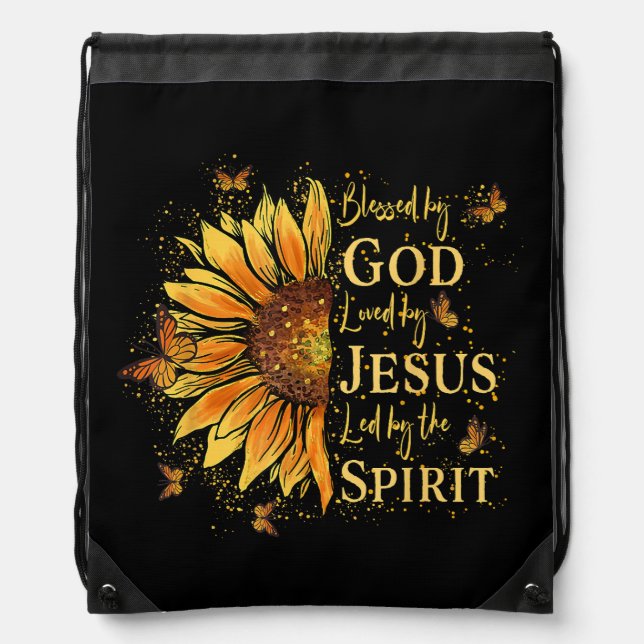 Blessed By God - Loved By Jesus, Sunflower Drawstring Bag (Front)