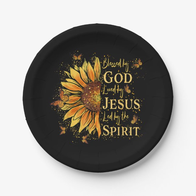 Blessed By God - Loved By Jesus, Sunflower Paper Plates (Front)