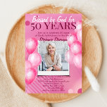 Blessed by God Pink Photo Christian 50th Birthday Invitation<br><div class="desc">Throw a vibrant and unforgettable 50th birthday celebration with our "Blessed By God for Fifty Years" Pink Balloons and Personalized Photo Christian Religious 50th Birthday Invitation. This eye-catching design features a geometric pink background with a pink balloons and a personalized photo, perfectly blending fun and sophistication. The phrase "Blessed By...</div>