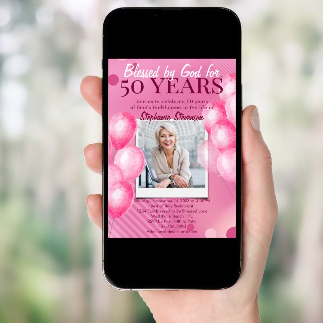 Blessed by God Pink Photo Christian 50th Birthday Invitation (Front Digital)