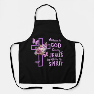 Blessed by God Saved by Jesus Purple Floral Cross Apron