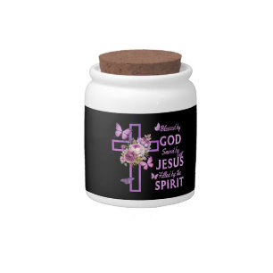 Blessed by God Saved by Jesus Purple Floral Cross Candy Jar