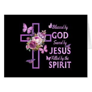 Blessed by God Saved by Jesus Purple Floral Cross Card