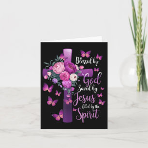 Blessed By God Saved By Jesus Purple Floral Cross Card