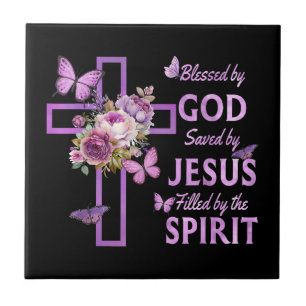 Blessed by God Saved by Jesus Purple Floral Cross Ceramic Tile