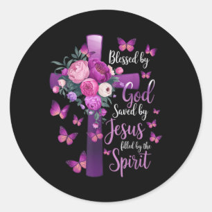 Blessed By God Saved By Jesus Purple Floral Cross Classic Round Sticker