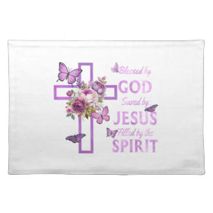 Blessed by God Saved by Jesus Purple Floral Cross Cloth Placemat