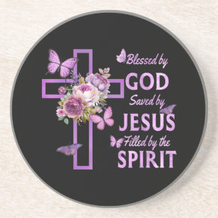 Blessed by God Saved by Jesus Purple Floral Cross  Coaster