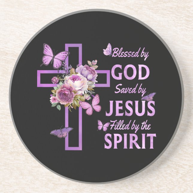 Blessed by God Saved by Jesus Purple Floral Cross  Coaster (Front)