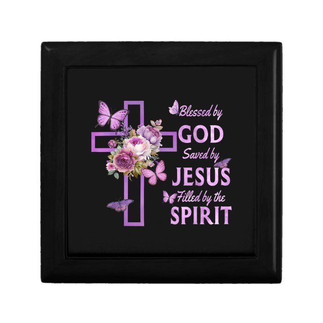 Blessed by God Saved by Jesus Purple Floral Cross  Gift Box (Front)