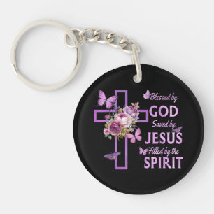 Blessed by God Saved by Jesus Purple Floral Cross  Keychain