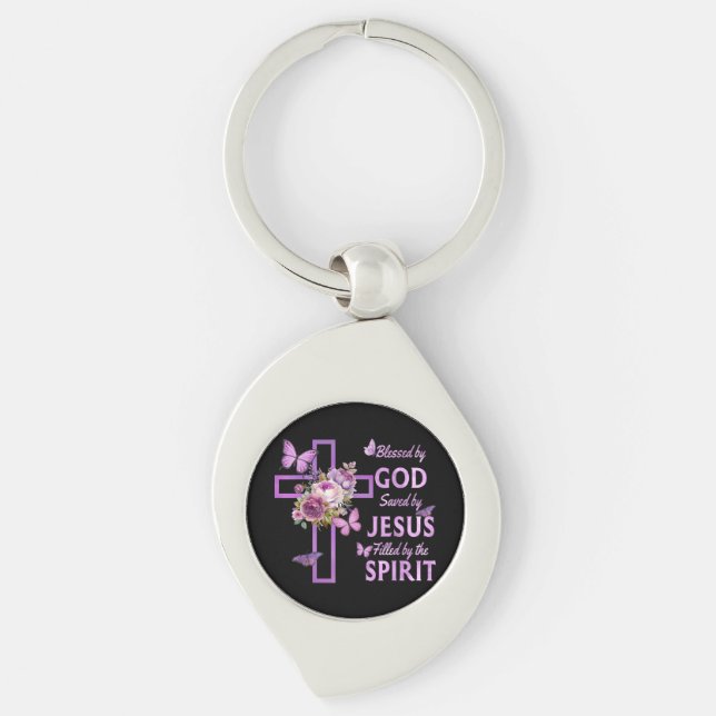 Blessed by God Saved by Jesus Purple Floral Cross  Keychain (Front)