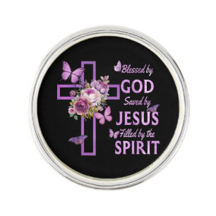 Blessed by God Saved by Jesus Purple Floral Cross Lapel Pin