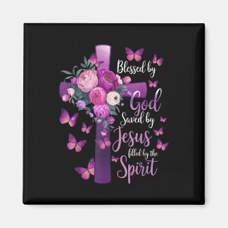 Blessed By God Saved By Jesus Purple Floral Cross  Magnet