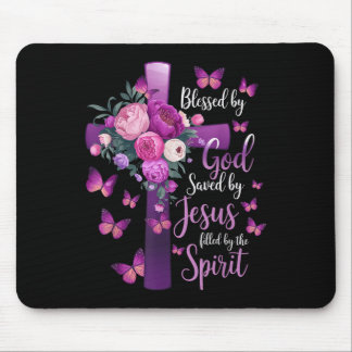 Blessed By God Saved By Jesus Purple Floral Cross  Mouse Pad