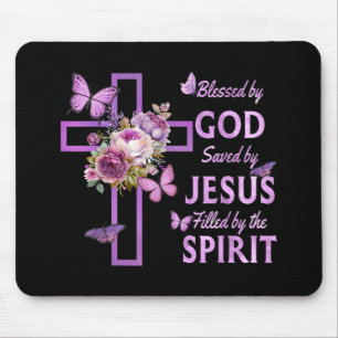 Blessed by God Saved by Jesus Purple Floral Cross  Mouse Pad