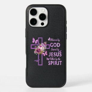 Blessed by God Saved by Jesus Purple Floral Cross iPhone 16 Pro Max Case