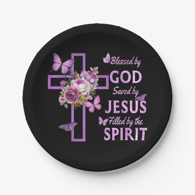 Blessed by God Saved by Jesus Purple Floral Cross  Paper Plates (Front)