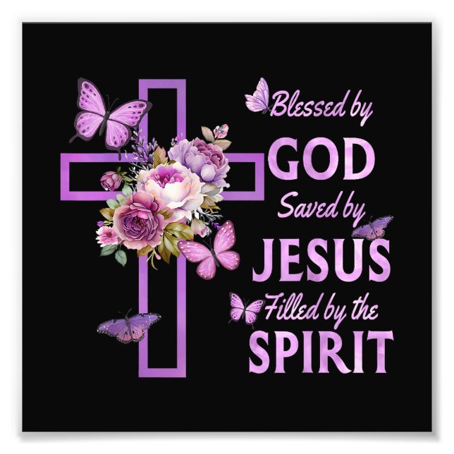 Blessed by God Saved by Jesus Purple Floral Cross  Photo Print (Front)