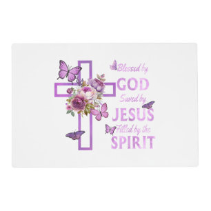 Blessed by God Saved by Jesus Purple Floral Cross Placemat