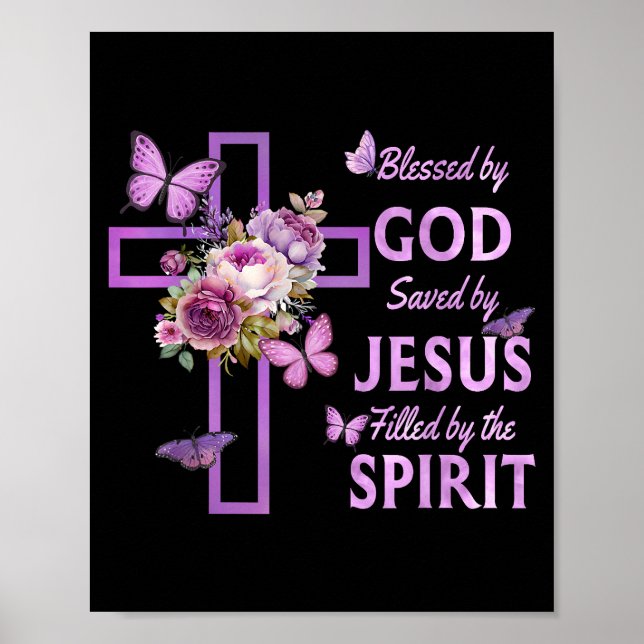 Blessed by God Saved by Jesus Purple Floral Cross  Poster (Front)
