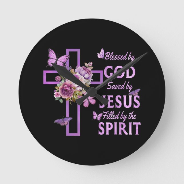 Blessed by God Saved by Jesus Purple Floral Cross  Round Clock (Front)