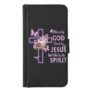 Blessed by God Saved by Jesus Purple Floral Cross Samsung Galaxy S5 Wallet Case