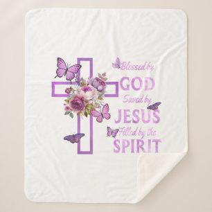 Blessed by God Saved by Jesus Purple Floral Cross Sherpa Blanket