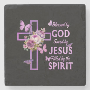 Blessed by God Saved by Jesus Purple Floral Cross Stone Coaster