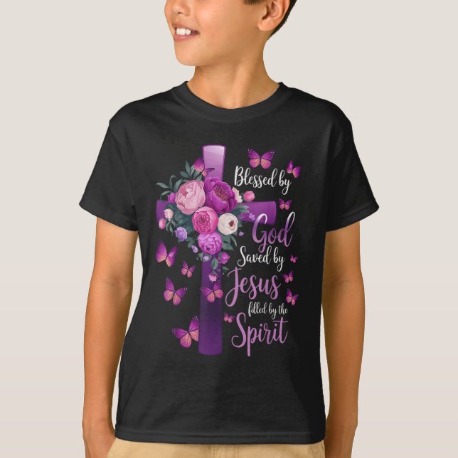 Blessed By God Saved By Jesus Purple Floral Cross  T-Shirt (Front)