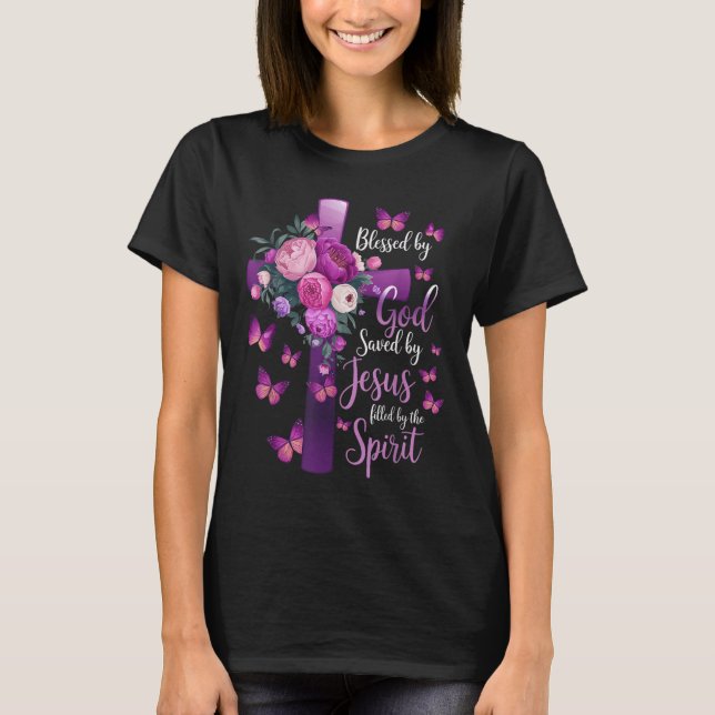 Blessed By God Saved By Jesus Purple Floral Cross  T-Shirt (Front)