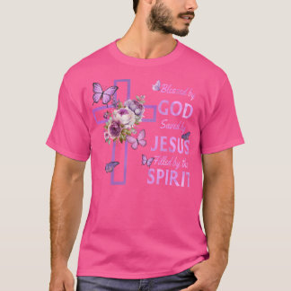 Blessed By God Saved By Jesus Purple Floral Cross  T-Shirt