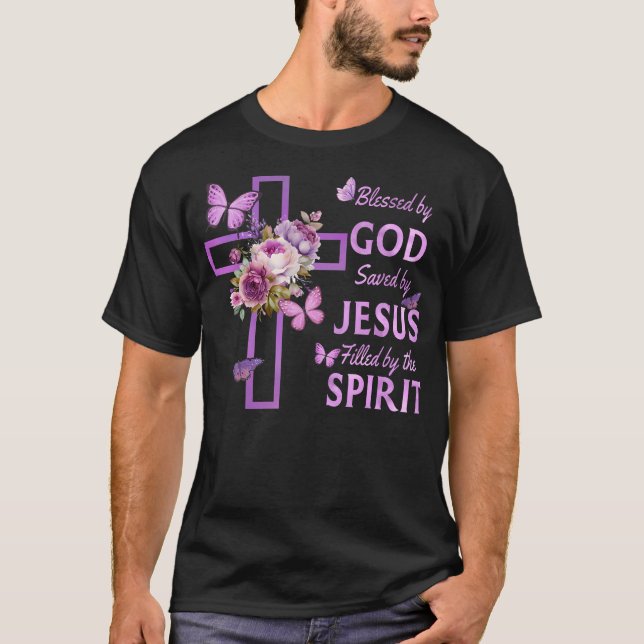 Blessed By God Saved By Jesus Purple Floral Cross  T-Shirt (Front)